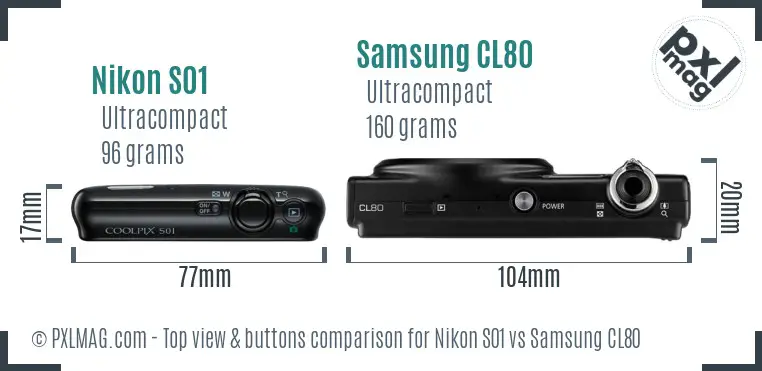 Nikon S01 vs Samsung CL80 top view buttons comparison