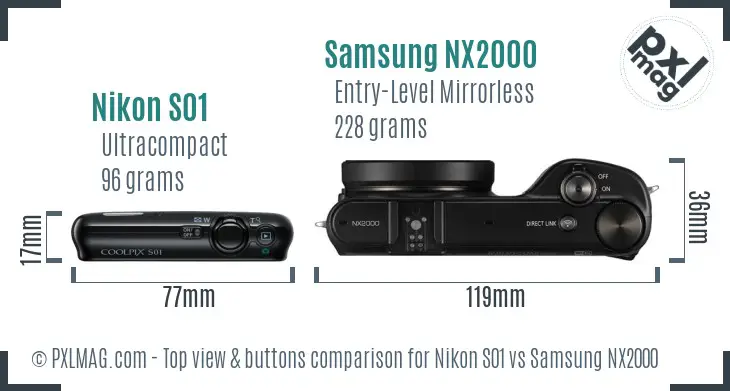 Nikon S01 vs Samsung NX2000 top view buttons comparison