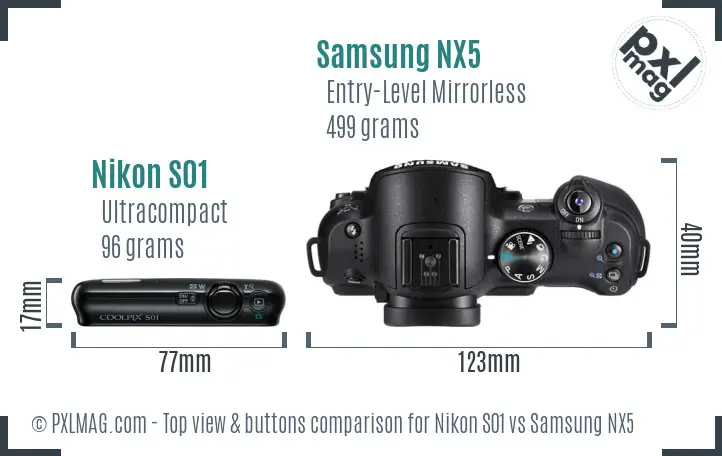 Nikon S01 vs Samsung NX5 top view buttons comparison