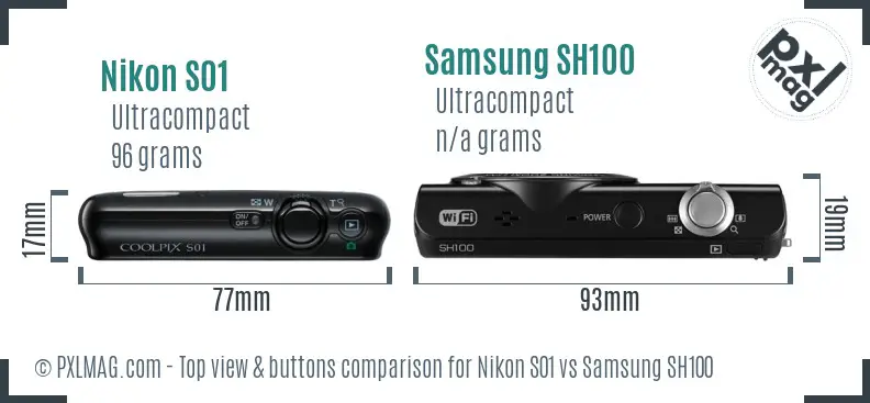 Nikon S01 vs Samsung SH100 top view buttons comparison Nikon S01 vs Samsung SH100 top view buttons comparison