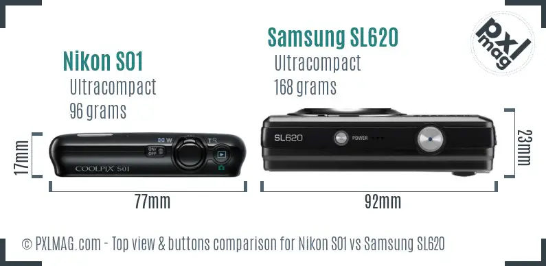 Nikon S01 vs Samsung SL620 top view buttons comparison
