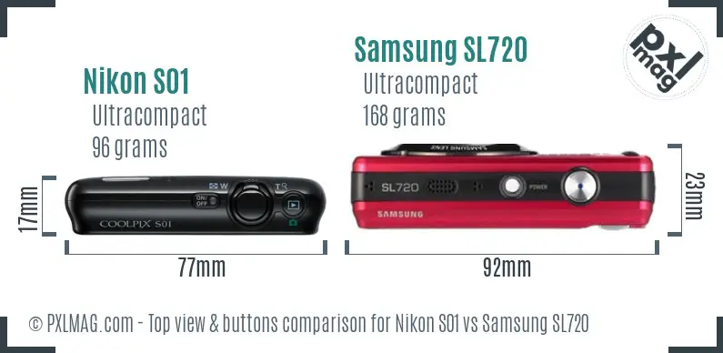 Nikon S01 vs Samsung SL720 top view buttons comparison
