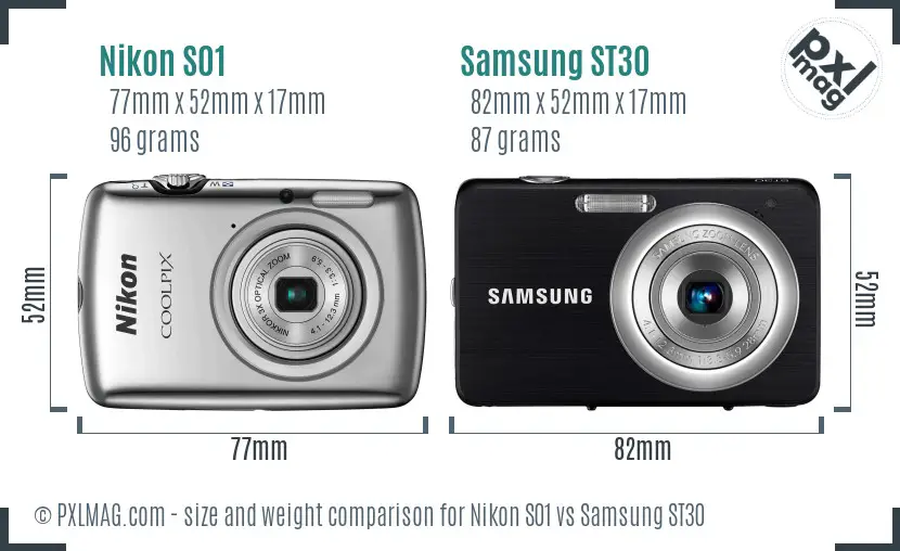 Nikon S01 vs Samsung ST30 size comparison