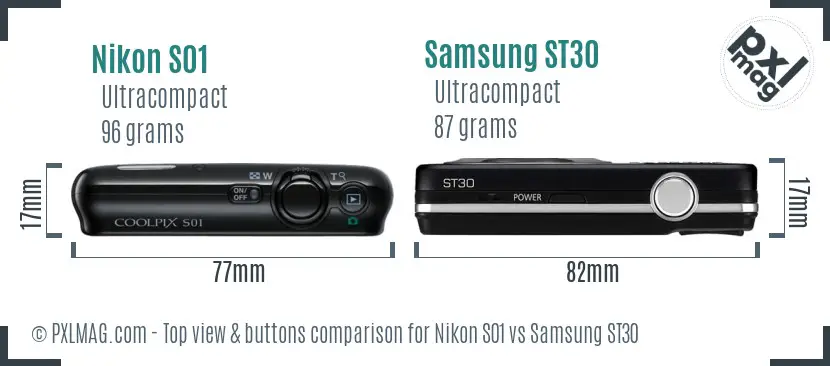 Nikon S01 vs Samsung ST30 top view buttons comparison