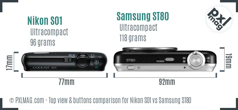 Nikon S01 vs Samsung ST80 top view buttons comparison