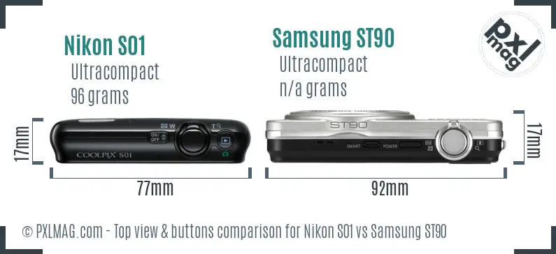 Nikon S01 vs Samsung ST90 top view buttons comparison