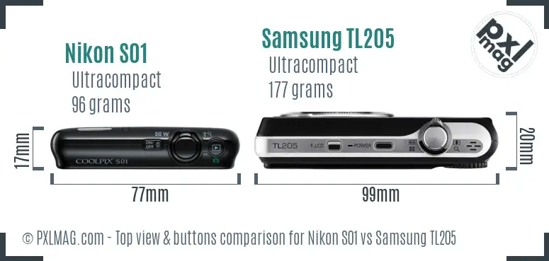 Nikon S01 vs Samsung TL205 top view buttons comparison