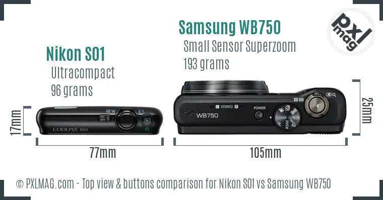 Nikon S01 vs Samsung WB750 top view buttons comparison