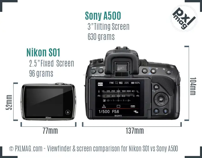 Nikon S01 vs Sony A500 Screen and Viewfinder comparison