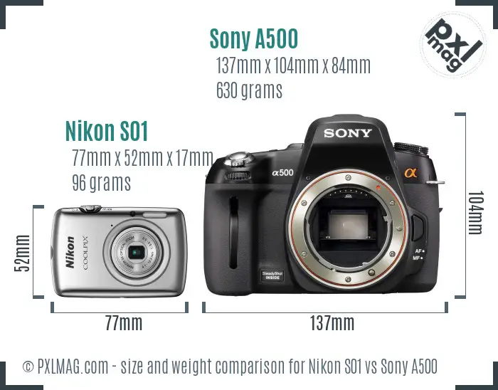 Nikon S01 vs Sony A500 size comparison