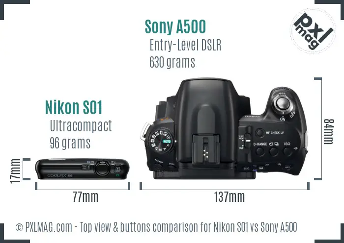 Nikon S01 vs Sony A500 top view buttons comparison