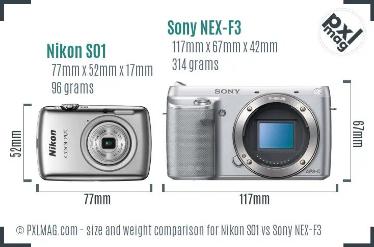 Nikon S01 vs Sony NEX-F3 size comparison