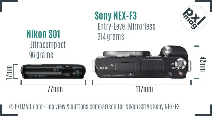 Nikon S01 vs Sony NEX-F3 top view buttons comparison
