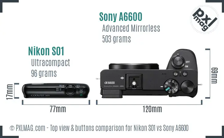 Nikon S01 vs Sony A6600 top view buttons comparison
