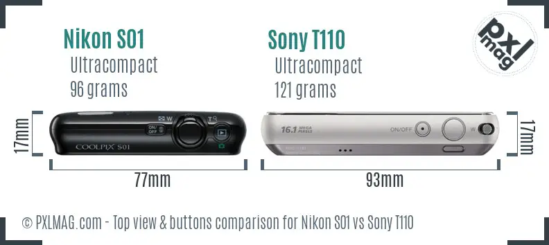 Nikon S01 vs Sony T110 top view buttons comparison Nikon S01 vs Sony T110 top view buttons comparison