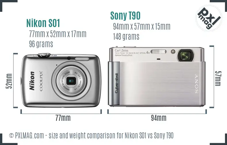 Nikon S01 vs Sony T90 size comparison