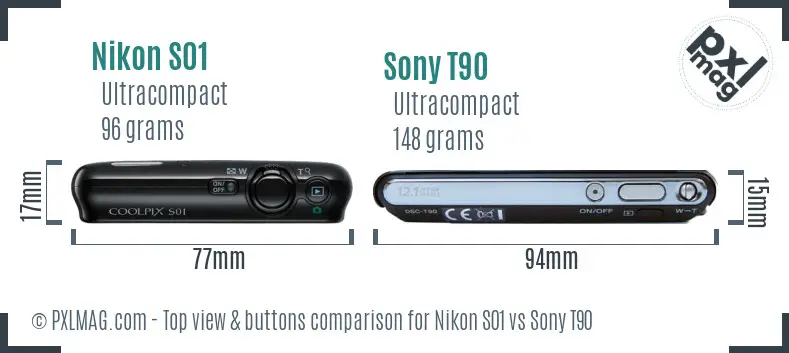 Nikon S01 vs Sony T90 top view buttons comparison