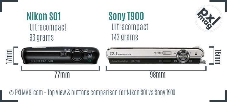 Nikon S01 vs Sony T900 top view buttons comparison
