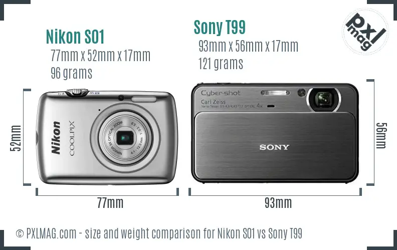 Nikon S01 vs Sony T99 size comparison Nikon S01 vs Sony T99 size comparison
