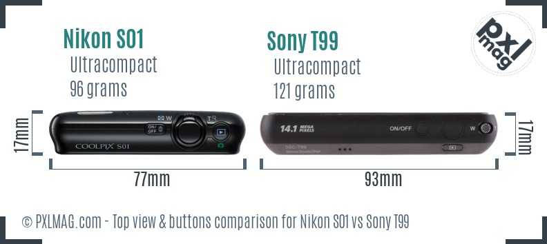 Nikon S01 vs Sony T99 top view buttons comparison Nikon S01 vs Sony T99 top view buttons comparison