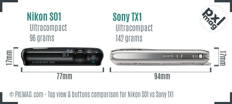 Nikon S01 vs Sony TX1 top view buttons comparison