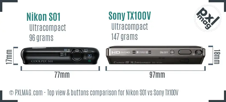 Nikon S01 vs Sony TX100V top view buttons comparison