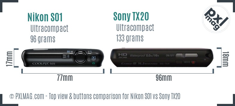 Nikon S01 vs Sony TX20 top view buttons comparison