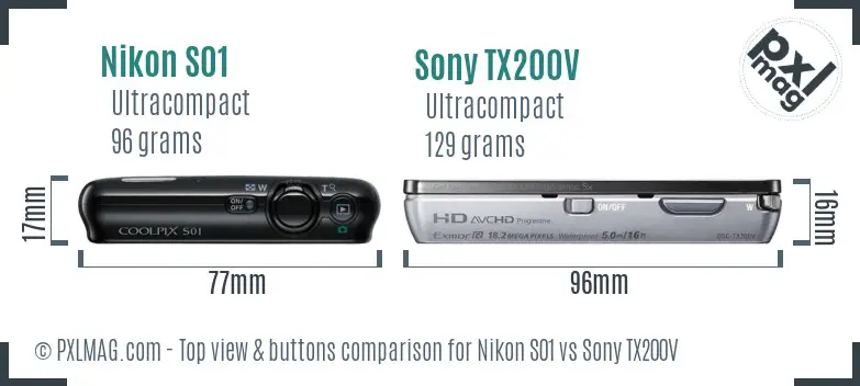 Nikon S01 vs Sony TX200V top view buttons comparison