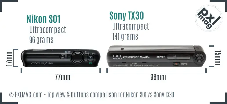 Nikon S01 vs Sony TX30 top view buttons comparison