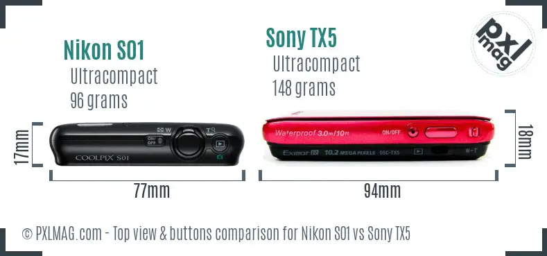 Nikon S01 vs Sony TX5 top view buttons comparison