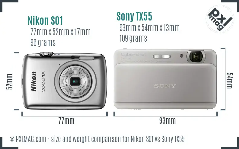 Nikon S01 vs Sony TX55 size comparison