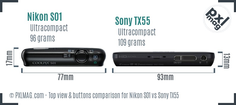 Nikon S01 vs Sony TX55 top view buttons comparison