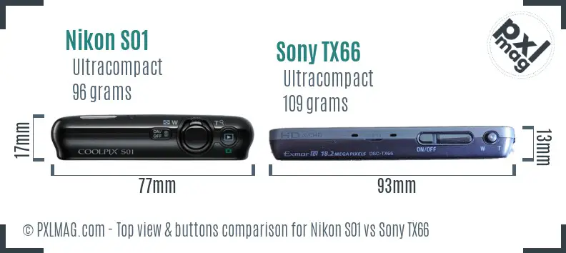 Nikon S01 vs Sony TX66 top view buttons comparison