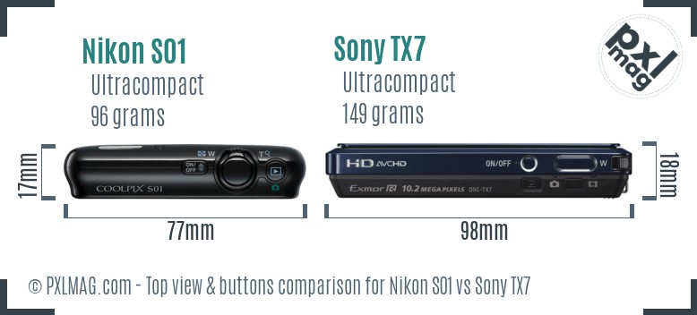 Nikon S01 vs Sony TX7 top view buttons comparison