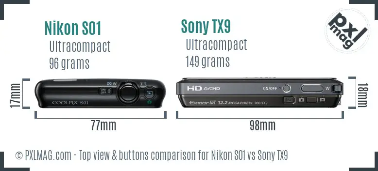 Nikon S01 vs Sony TX9 top view buttons comparison