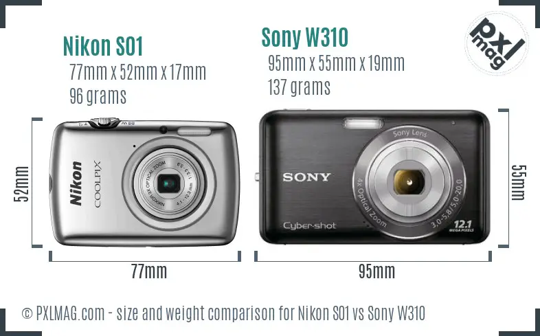 Nikon S01 vs Sony W310 size comparison