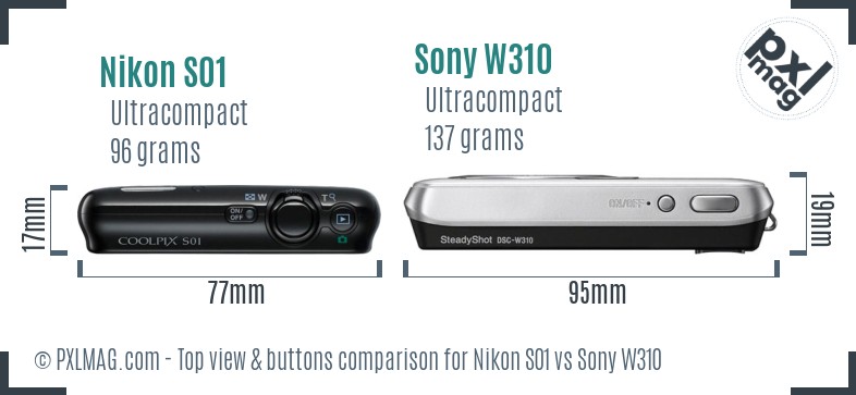 Nikon S01 vs Sony W310 top view buttons comparison