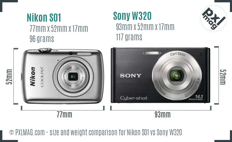 Nikon S01 vs Sony W320 size comparison