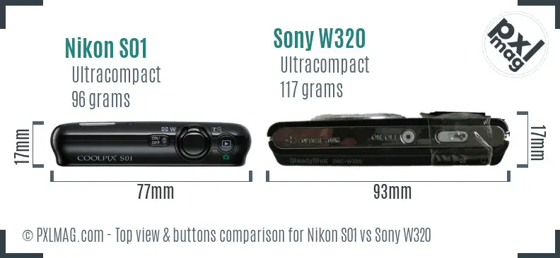 Nikon S01 vs Sony W320 top view buttons comparison