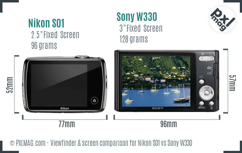 Nikon S01 vs Sony W330 Screen and Viewfinder comparison