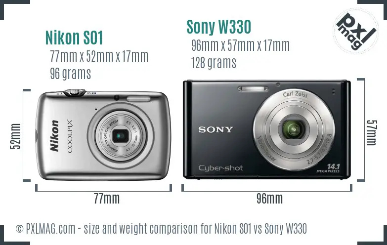 Nikon S01 vs Sony W330 size comparison