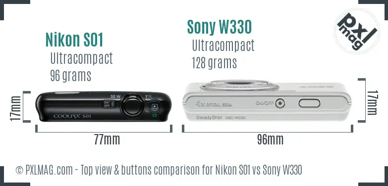 Nikon S01 vs Sony W330 top view buttons comparison