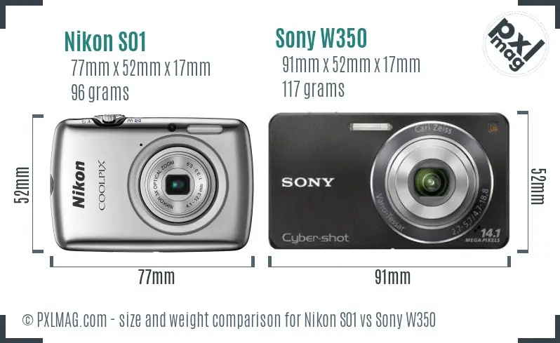 Nikon S01 vs Sony W350 size comparison