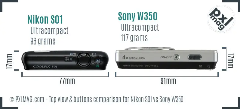 Nikon S01 vs Sony W350 top view buttons comparison