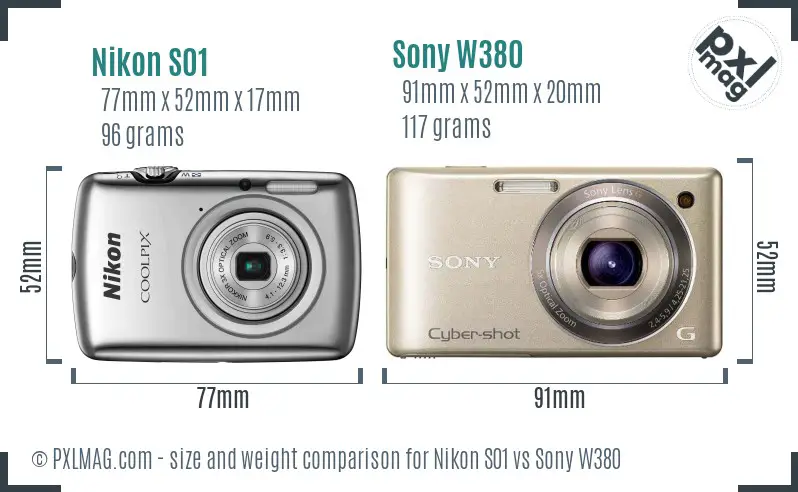 Nikon S01 vs Sony W380 size comparison
