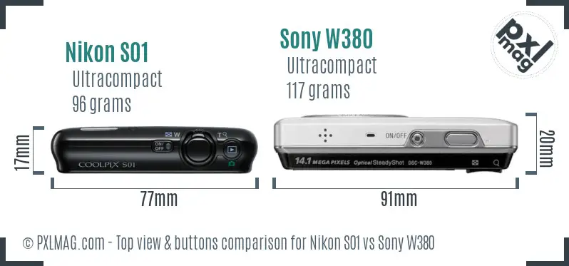 Nikon S01 vs Sony W380 top view buttons comparison