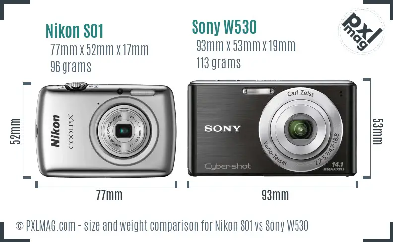Nikon S01 vs Sony W530 size comparison