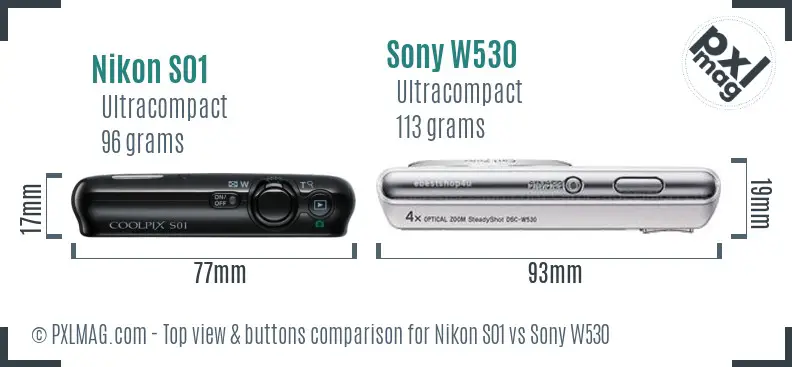 Nikon S01 vs Sony W530 top view buttons comparison