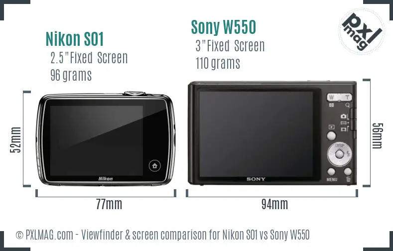 Nikon S01 vs Sony W550 Screen and Viewfinder comparison