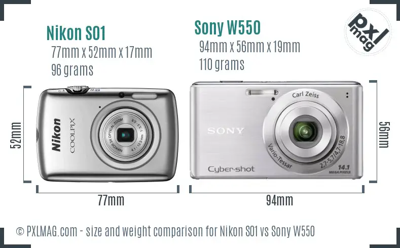 Nikon S01 vs Sony W550 size comparison